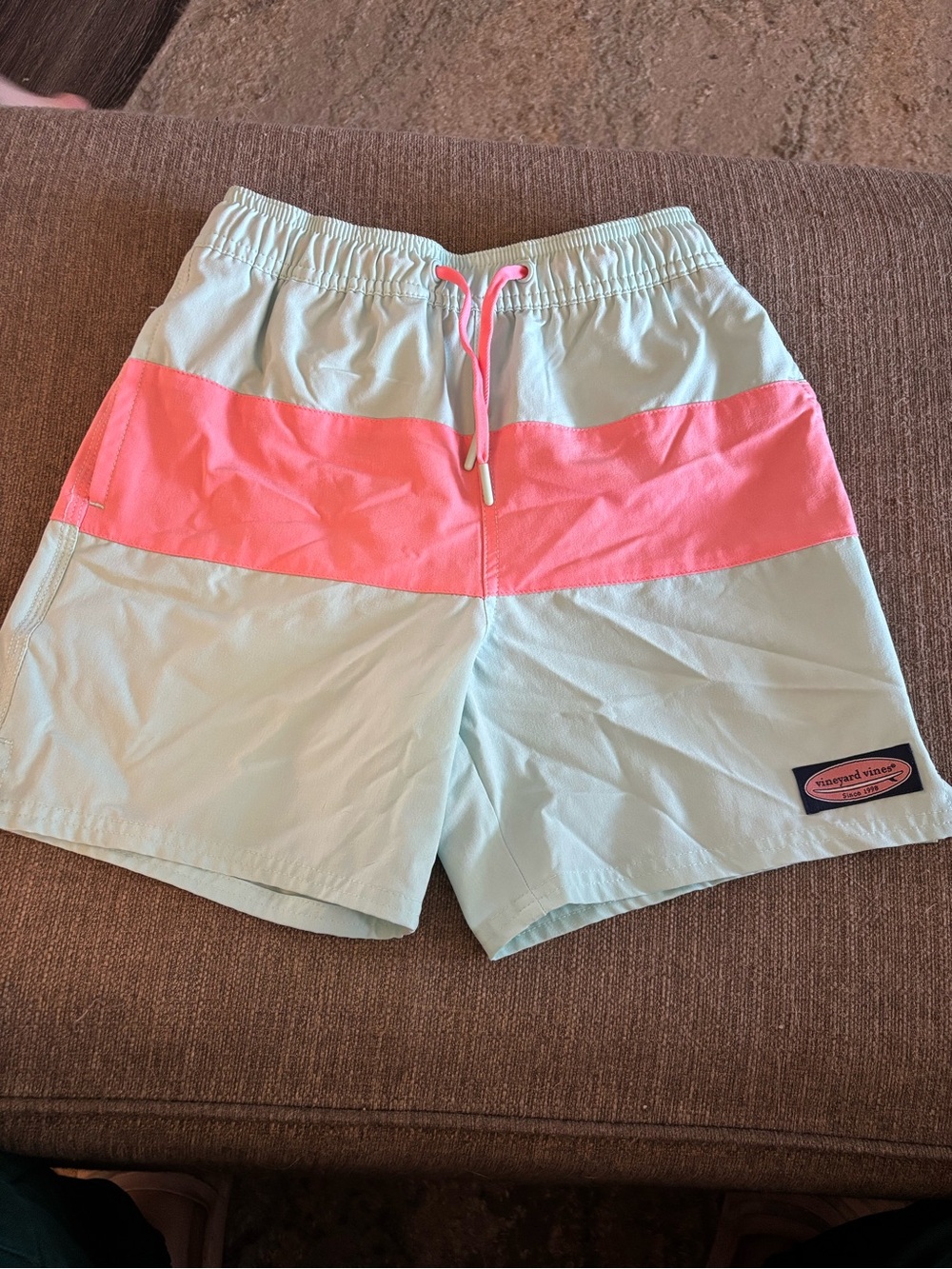 Vineyard Vines boy’s Mint & Coral Colorblock Swim Shorts